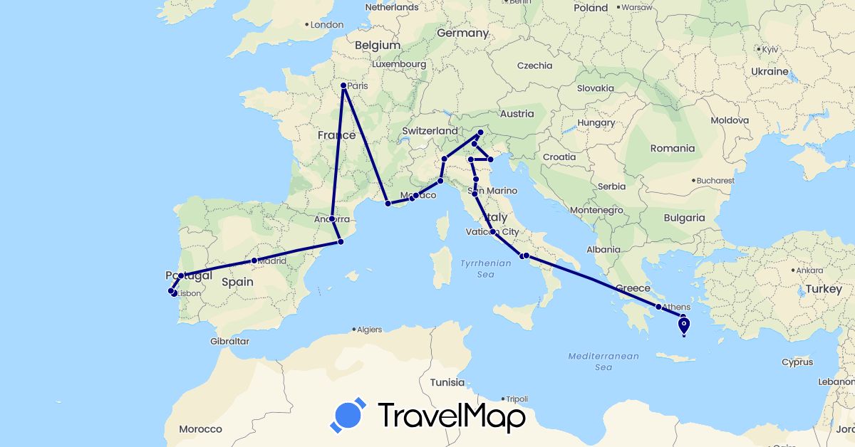 TravelMap itinerary: driving in Andorra, Spain, France, Greece, Italy, Portugal (Europe)